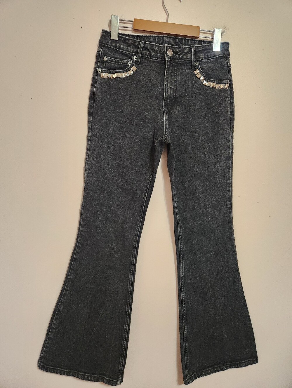 No Boundaries Y2K Black Acid Wash Studded Flare Jeans McBling Grunge Size 9